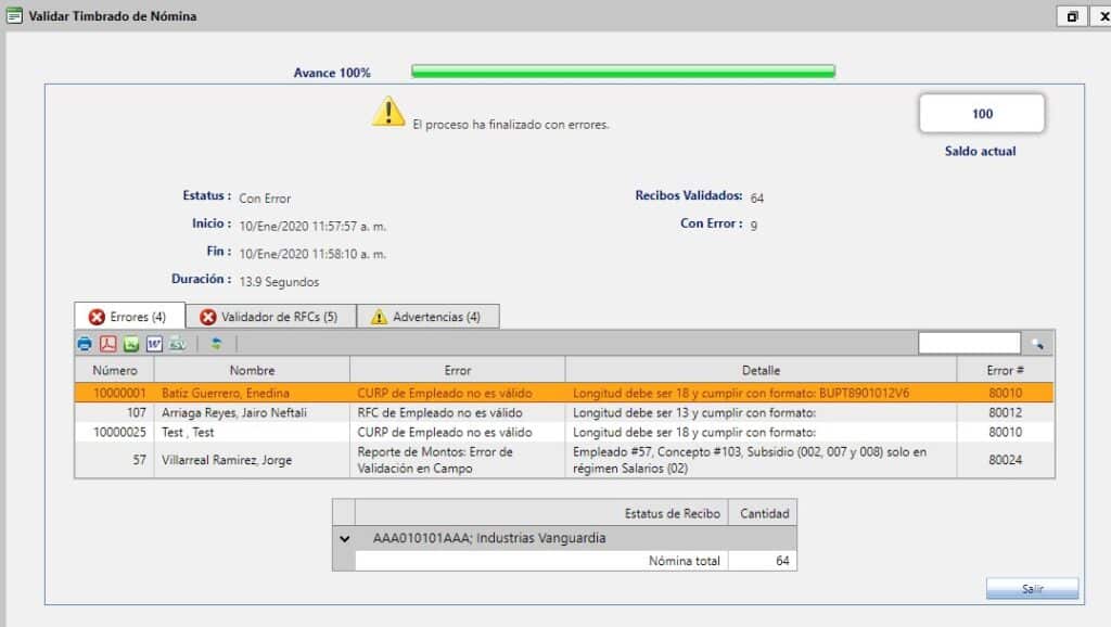 Captura visualizar lista de errores