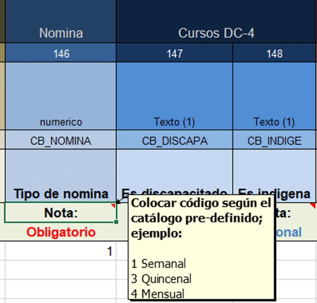 Ejemplo de nota en la celda del formato de Alta.