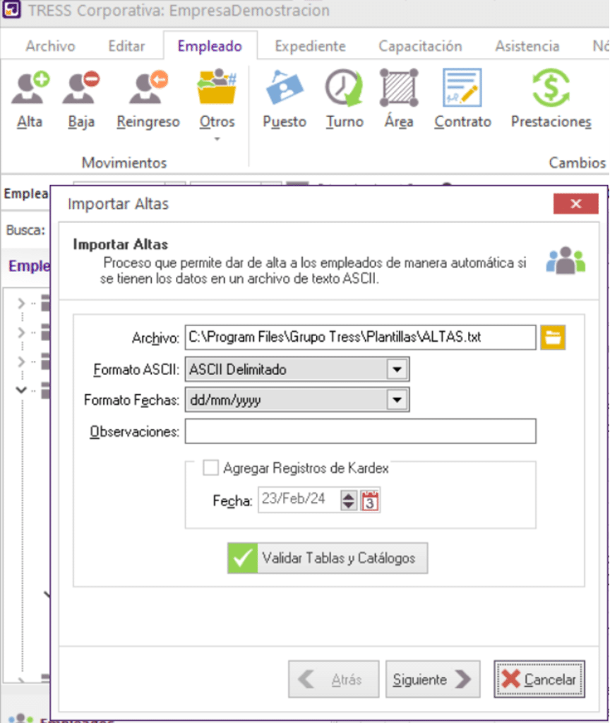 Ejemplo de proceso de importación masiva de Altas, segundo paso: seleccionar archivo.