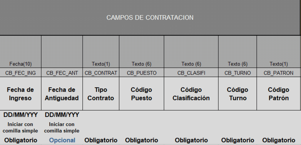 Ejemplo de estructura del formato para el proceso simplificado de Alta: Datos de contratación.
