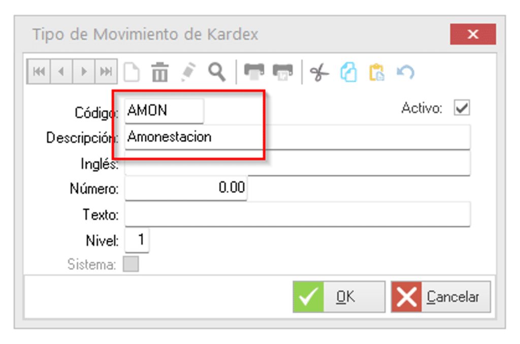 Ventana Tipo de Movimiento de Kardex -Sistema TRESS