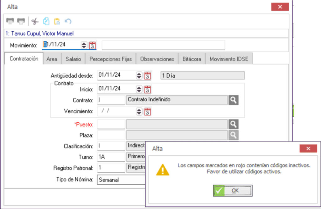 Advertencia en Campos Inactivos Alta Simplificada Sistema TRESS
